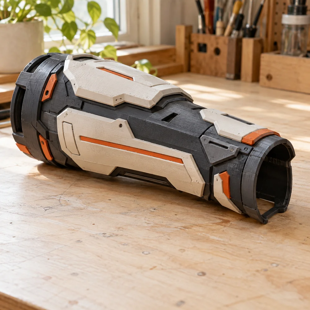 Charcoal and cream 3D-printed science-fiction forearm bracer