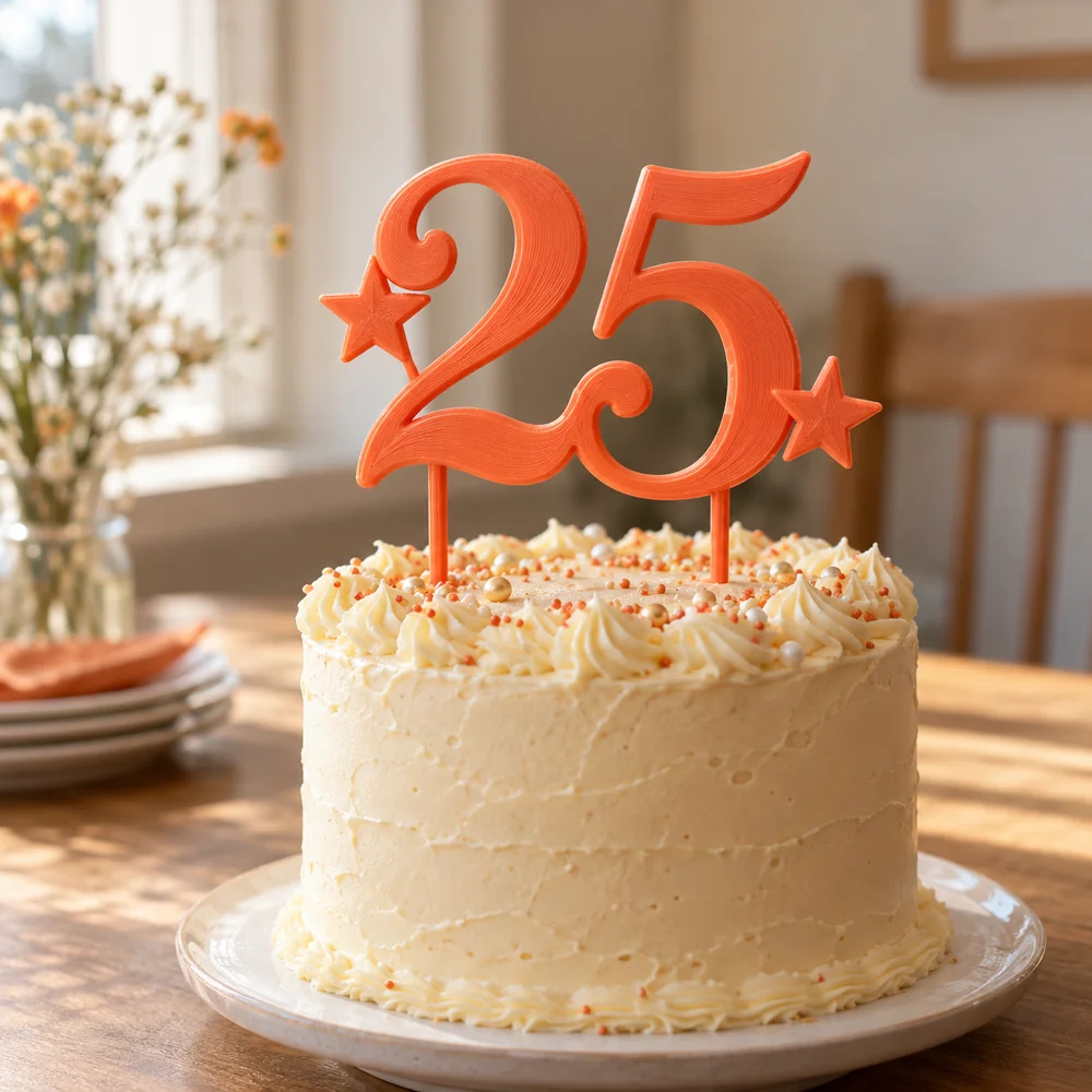 Orange 3D-printed number 25 topper on an ivory celebration cake