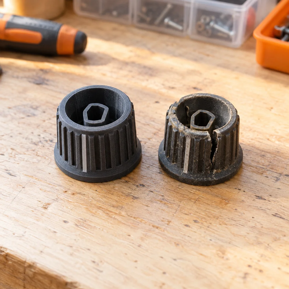 New charcoal 3D-printed knob beside a cracked original knob