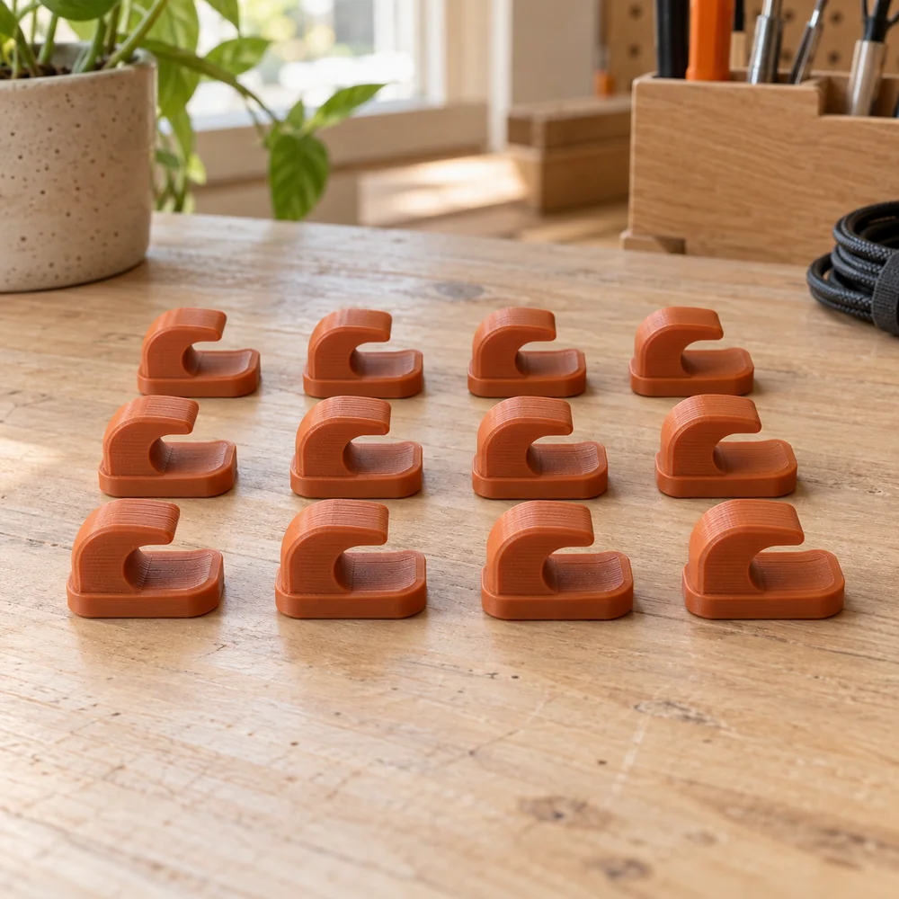 Twelve orange 3D-printed cable clips arranged on a wooden workbench