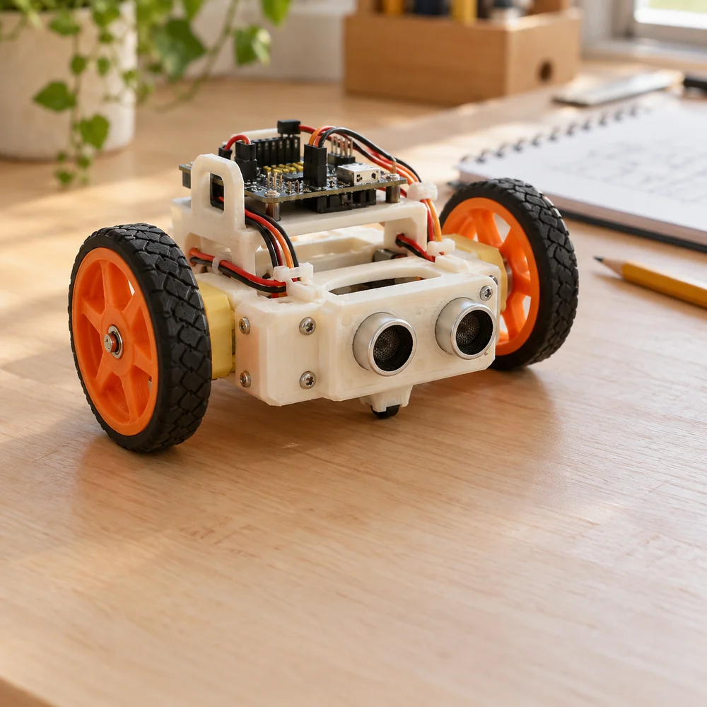 Student robot with a cream 3D-printed chassis and orange wheels